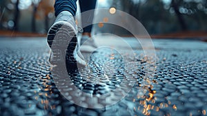 Close-up of a person\'s shoe while walking. Suitable for accompanying articles about the walking benefits,