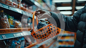Close-up of a person shopping with an orange basket in a grocery store aisle, Generative AI photo