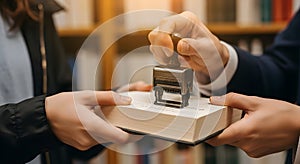 Close-up of a person stamping a document, symbolizing official validation or authentication.