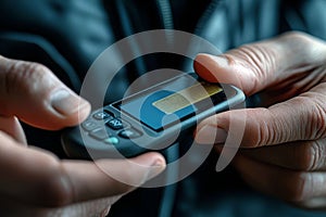 Close-up of a person using a glucose meter for diabetes monitoring photo