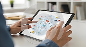 Hands Interacting with Mind Map on Tablet