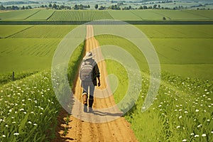 Close up of a person walking on the dirty field road, dirt road shoes , rough boots. Generative ai