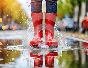 Close Up of Person Wearing Red Rain Boots. Generative AI