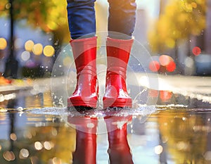 Close Up of Person Wearing Red Rain Boots. Generative AI