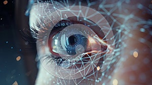 Close Up of Persons Eye With Bright Lights Background, holographic wireframe digital visualization