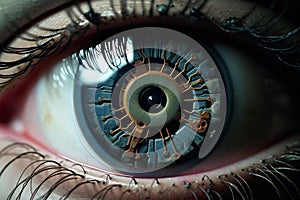 A close up of a persons eye with a security camera in the center. Generative AI.