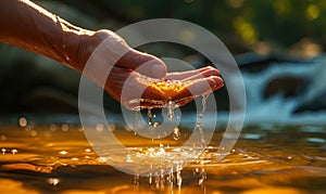 Close-up of a persons hand gently scooping fresh river water, symbolizing purity, life, natures gift, and the simplicity of