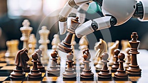 Close up perspective of artificial intelligence robot s hand immersed in strategic chess gameplay photo