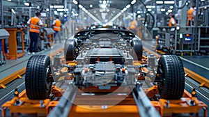 Close-up perspective of battery modules being installed into electric car frames on the productio