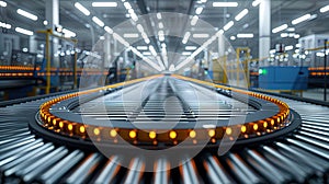 Close-up perspective of conveyor belts and assembly stations on the production line, demonstratin