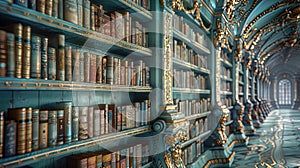 Close-up perspective of a whimsical bookshelf filled with fairy tales and fantasy novels, ins