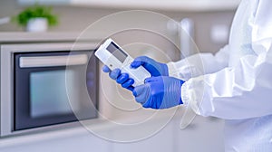 A close-up of a pest control worker holding a handheld device to monitor for pests in a modern residential kitchen. photo