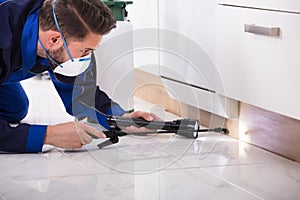 Pest Control Worker Spraying Pesticide On Wooden Cabinet photo