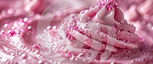 Close up of a petal pink cupcake with sprinkles and magenta frosting