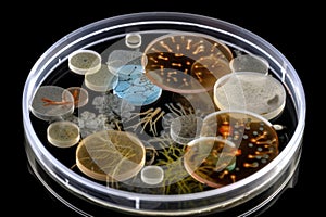 close-up of petri dish, with microbes growing in their culture medium