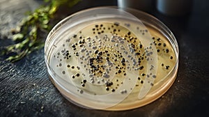 Close-up of a petri dish with microbial growth on nutrient agar medium