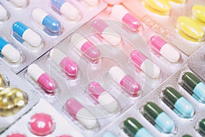 Close up pharmaceuticals antibiotics pills medicine in blister packs.