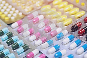 Close up pharmaceuticals antibiotics pills medicine in blister packs.