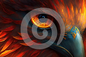 close-up of phoenix firebird's eye, with fiery gaze