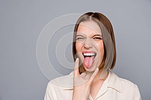 Close up photo amazing crazy she her lady facial expression tongue out mouth impolite childish rocker visit favorite