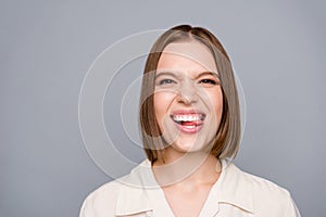 Close up photo amazing crazy she her lady playful funny facial expression tongue out mouth toothy impolite childish