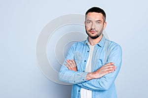 Close up photo amazing he him his guy macho perfect appearance white teeth arms crossed self-confident best worker boss