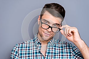 Close up photo attractive amazing macho he him his man tender looking manager worker job easy-going wear specs casual