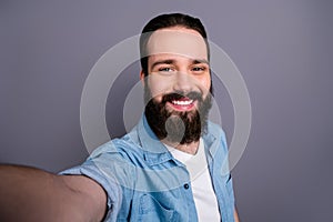 Close up photo of attractive content guy make selfie on spring time vacation journey wear good looking outfit isolated