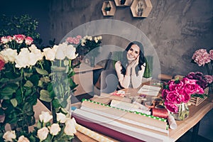 Close up photo beautiful adorable she her wavy lady roses vases hands arms together arranging orders designing