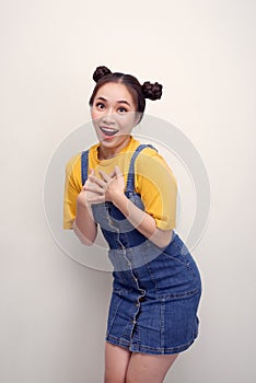 Close up photo beautiful amazing funky she her lady two buns kindhearted easy-going overjoyed on white background