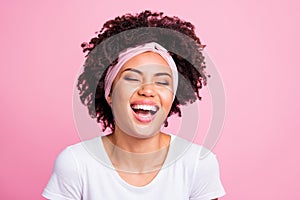 Close up photo beautiful amazing she her dark skin lady laughing out loud easy-going attractive perfect teeth listen