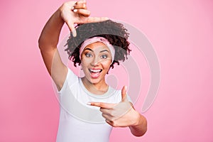 Close up photo beautiful amazing she her dark skin model lady arms hands forefingers taking shot portrait photographer