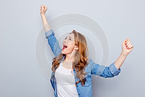 Close up photo beautiful amazing she her foxy curly lady arms hands raised yell excited football cheerleader goal