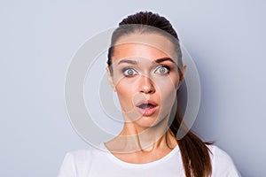 Close up photo beautiful amazing pretty she her lady big great eyes full fear staring stupor open mouth unexpected news