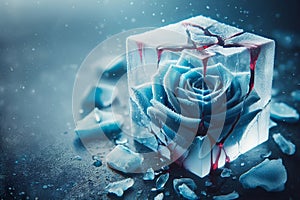 close-up photo of a beautiful blue rose breaking through a cube made of ice , splintered cracked ice surface, frosted photo