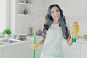 Close up photo beautiful busy nice duties she her lady house hold thumb up washing supplies pulverize promo housemaid