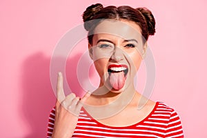 Close up photo beautiful carefree she her lady pretty hairdo two buns bright red pomade big lips tongue out mouth rocker