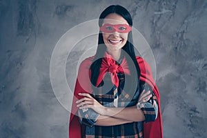 Close up photo beautiful fearless amazing she her superpower lady comics costume heroine women equal rights concept
