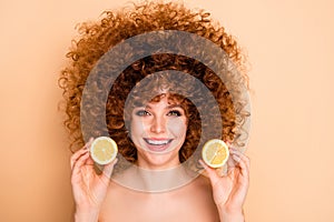 Close up photo beautiful foxy she her wear no clothes nude lady present product based lime lemon useful for skin stylist