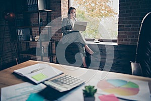 Close up photo beautiful she her business lady concentrated ponder pensive contemplation hot beverage look hold notebook