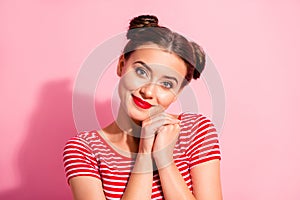Close up photo beautiful she her lady pretty two buns bright pomade lipstick touch hold one cheek cheekbone lying arms
