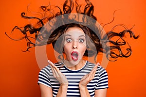 Close up photo beautiful she her lady red lipstick pomade hand arm palm raised hair curls flight unexpected epic fail