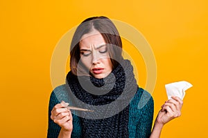 Close up photo beautiful her she lady suffer coughing sneezing medical pneumonia soft scarf around neck napkins hold