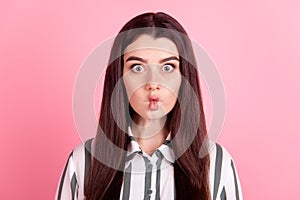 Close up photo beautiful lady pretty fish-face foolish ridiculous hilarious idiotic isolated over pink color background