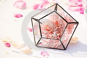 Close-up photo of beautiful wedding rings details on pink rose flower. wedding concept