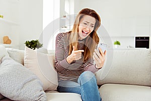 Close up photo beautiful yelling she her lady hands arms telephone talk tell speak skype bad mood boyfriend husband roar