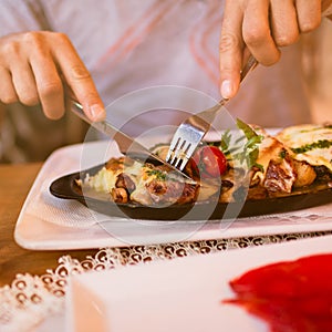 Close up photo of big food dish in restaraunt