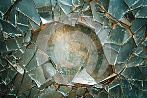 A close-up photo of a broken glass window with shattered glass fragments and cracks, A mirror reflecting shattered and distorted