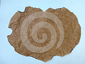 A close up photo of a brown paper on a white background.  It seems old.