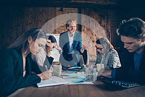 Close up photo business people he him his she her partners working office together boss angry anger yell mad crazy